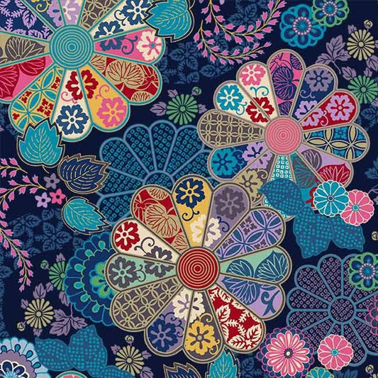 Kamakura Sisters Garden Grace Navy Metallic Fabric