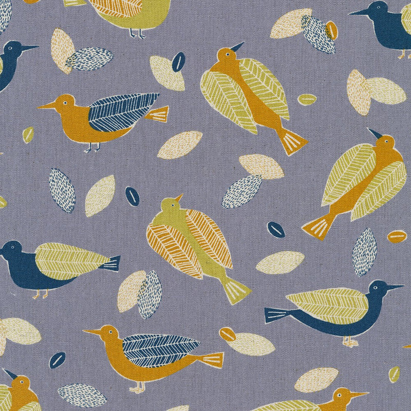 Cotton Flax Prints Birds Gray Fabric