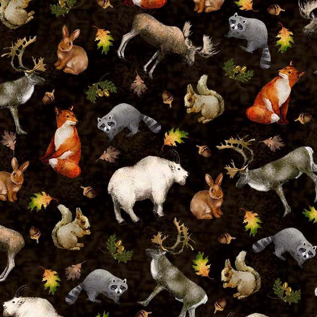 Woodland Woodland Creatures Black Fabric