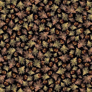 Woodland Leaves Acorns Black Fabric