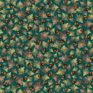 Woodland Leaves Acorns Teal Fabric