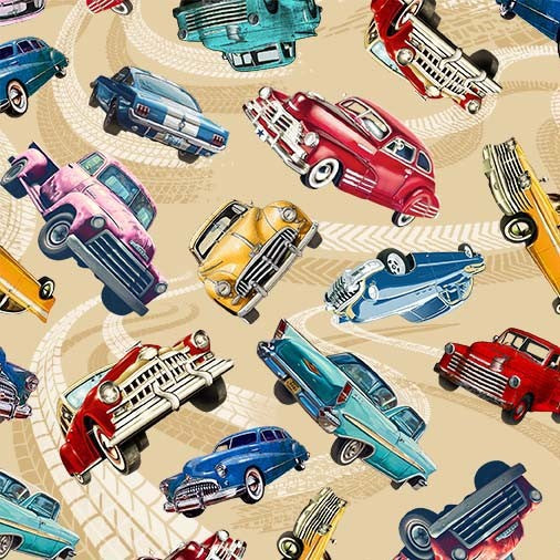 Route 66 Classic Cars Tan Fabric