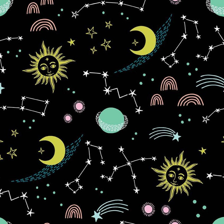 Starry Night Sky View (Glow In The Dark) Black Fabric