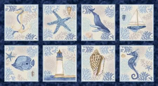 Cobalt Seas Multi 24-Inch Block Panel Navy, by Andrea Tachiera, Henry Glass, Cotton Quilt Fabric
