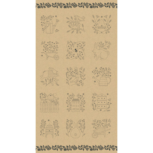 Bloom & Grow 8 block tan Linen Panel by Kathy Schmitz for Moda Fabrics