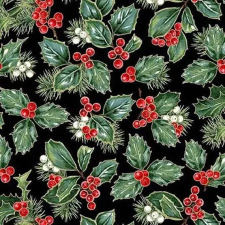 Christmas Rodeo Holly Berry Black Fabric