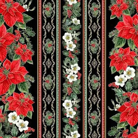 Christmas Rodeo Christmas Flower Stripe Black Fabric