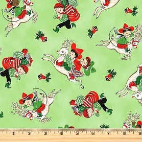 Christmas Rodeo Giddyup Reindeer Green Fabric