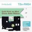 P-touch Embellish Gold Print on Mint Green Satin Ribbon - TZERM54