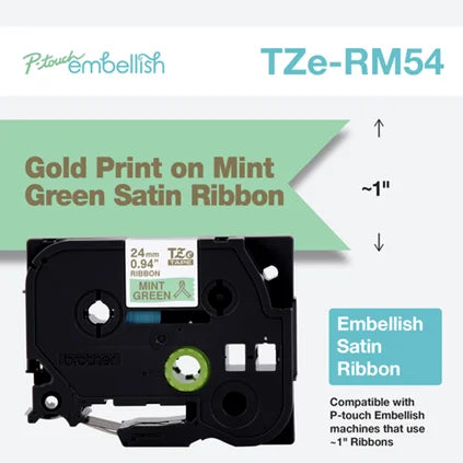 P-touch Embellish Gold Print on Mint Green Satin Ribbon - TZERM54
