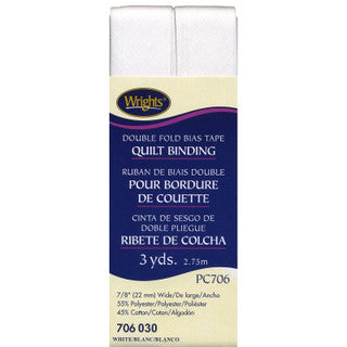 Double Fold Bias Tape Quilt Binding 7/8" x 3 yds, White