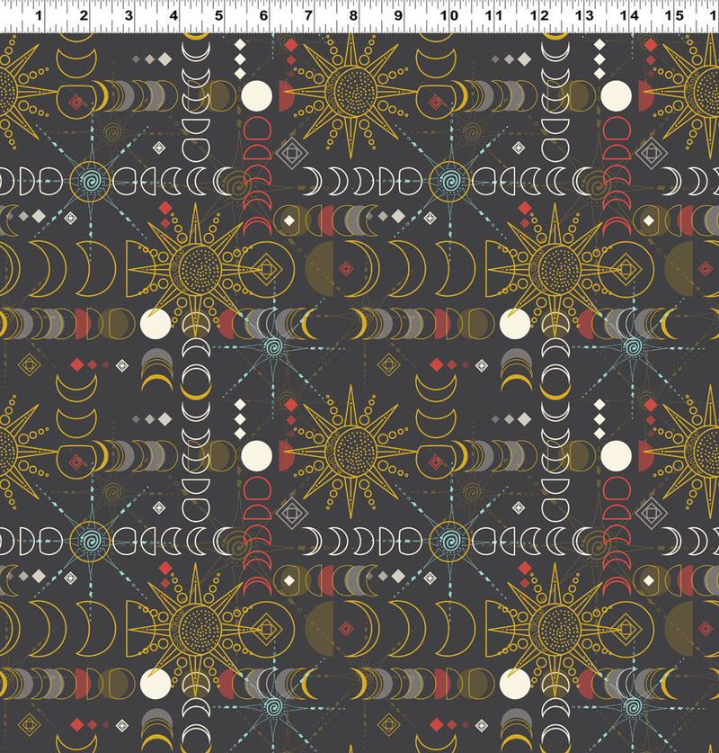 Mystical Sunshine Digital Equinox Dark Gray Fabric