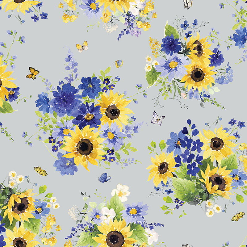 Sunflower Bouquets Digital Tossed Bouquets Mist Gray Fabric