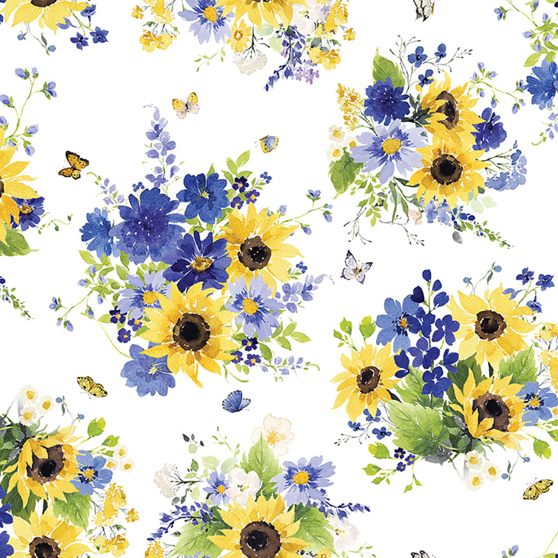 Sunflower Bouquets Digital Tossed Bouquets White Fabric