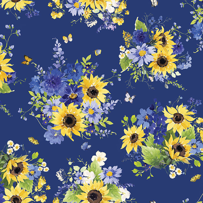 Sunflower Bouquets Digital Tossed Bouquets Dark Blue Fabric