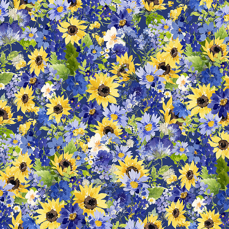 Sunflower Bouquets Digital Packed Flowers Dark Blue Fabric