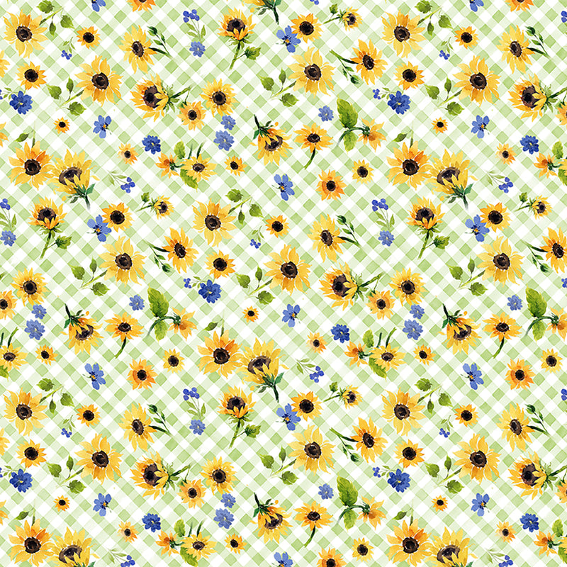 Sunflower Bouquets Digital Floral Check Light Green Fabric