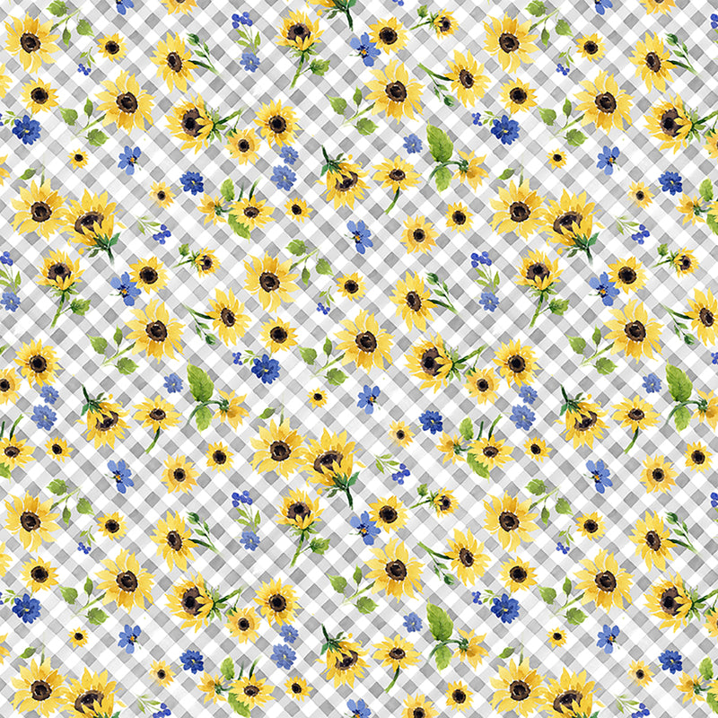 Sunflower Bouquets Digital Floral Check Gray Fabric