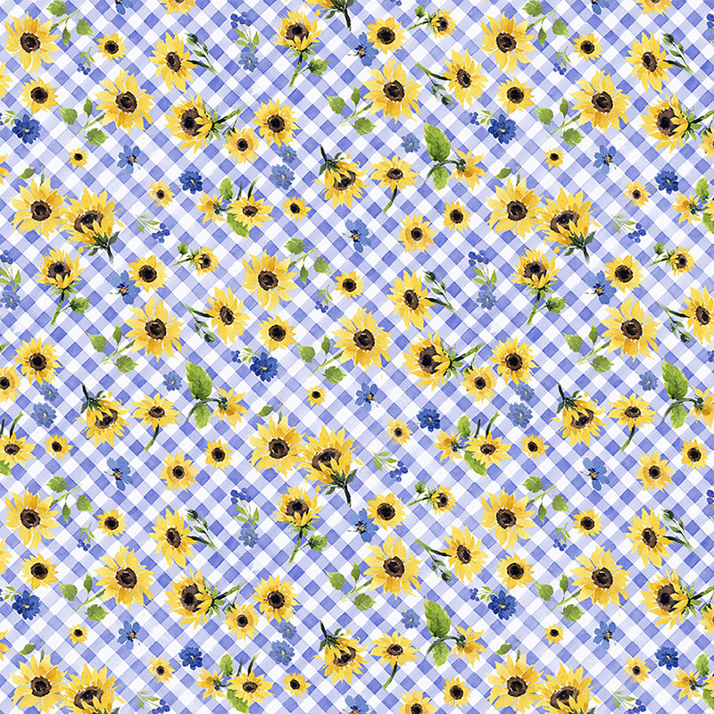 Sunflower Bouquets Digital Floral Check Periwinkle Fabric