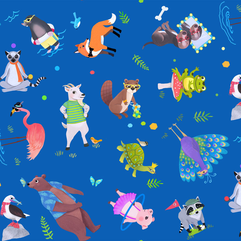 Animal Kingdom Digital Tossed Animals Blue Fabric