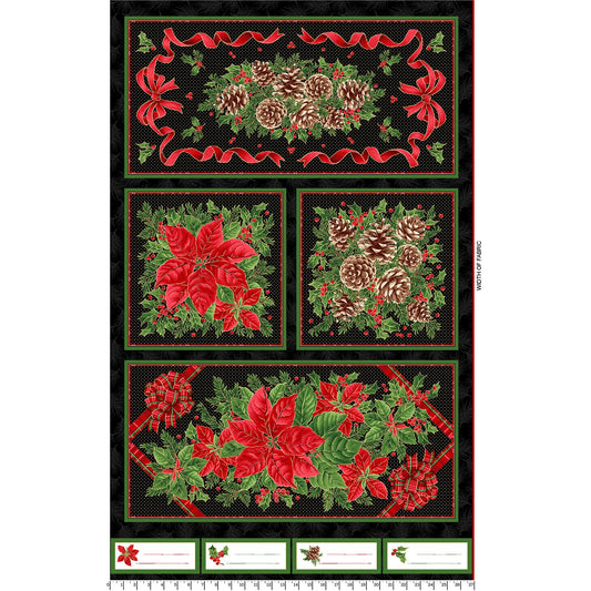 Evergreen Bows Black Quilt Panel
