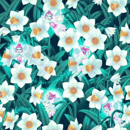 Pixies & Petals w/Glow Spring Daffodil Florals Multi Yardage