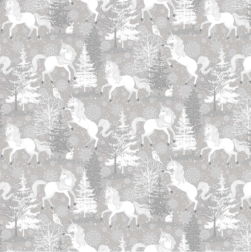 Enchanted Gray Glitter Unicorns Yardage