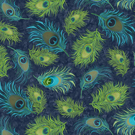 Peacock Blossoms Feather Toss Indigo Yardage