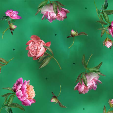 Peony Romance Small Tossed Peonies Green Yardage