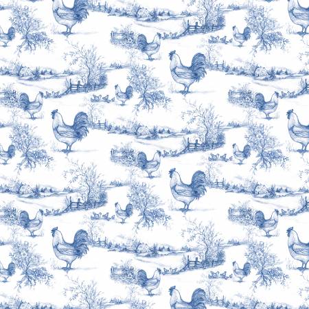 Home To Roost Toile Blue Yardage