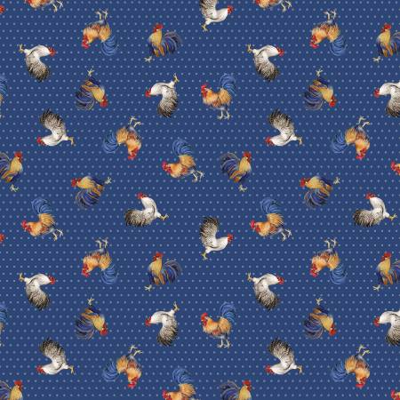 Home To Roost Rooster Toss Blue Yardage