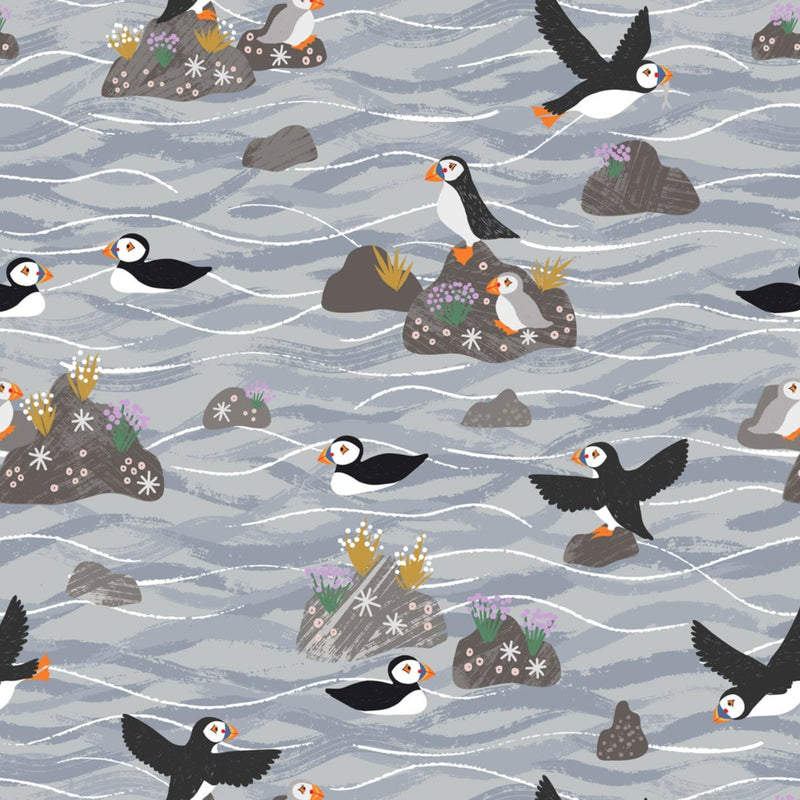 Puffin Bay Puffins on Rocks Grey Yardage