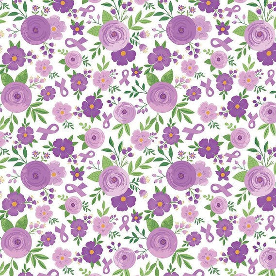 Strength in Lavender Floral White Yardage