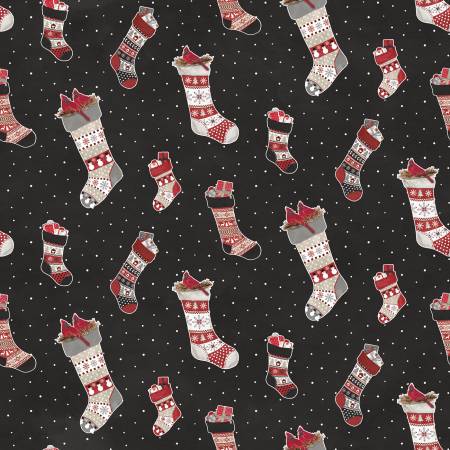 Flannel Hello Winter Stockings Black Yardage