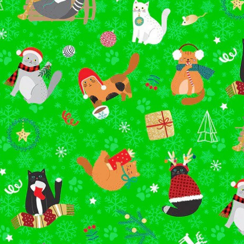 Christmas Miniature Kitties Light Green Yardage