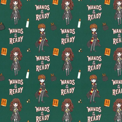 Harry Potter Stand Together Wands at the Ready Green Yardage