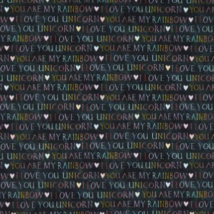 My Unicorn Loves Rainbow Text Charcoal Yardage