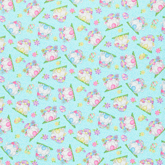 Hoppy Easter Gnomies Bunnies Tossed Blue Yardage