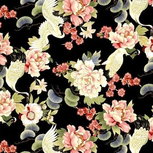 Tadashi Floral and Crane Black Yardage