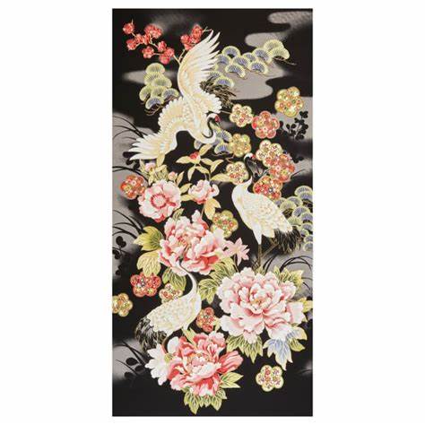 Tadashi Crane Floral Black Panel  24" x 43"
